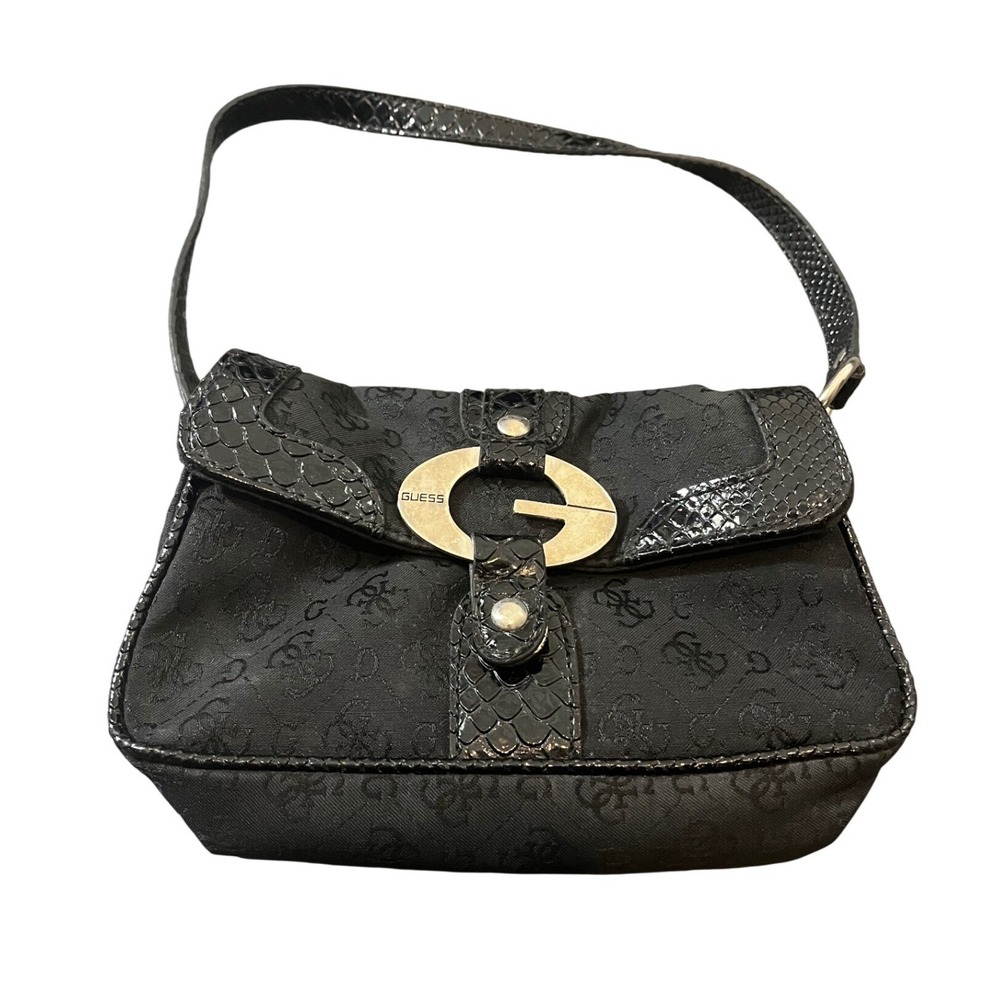 Y2K Guess Shoulder‎ Bag Small Black Monogram Faux Snakeskin G-Logo Baguette